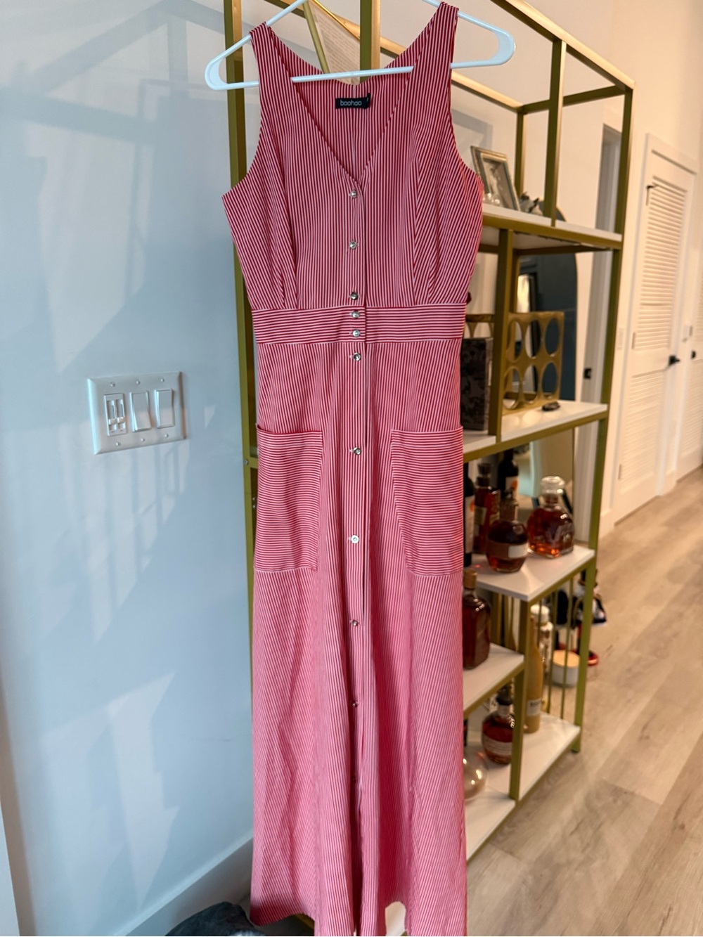 Boohoo Red & White Striped Button-Front Maxi Dress